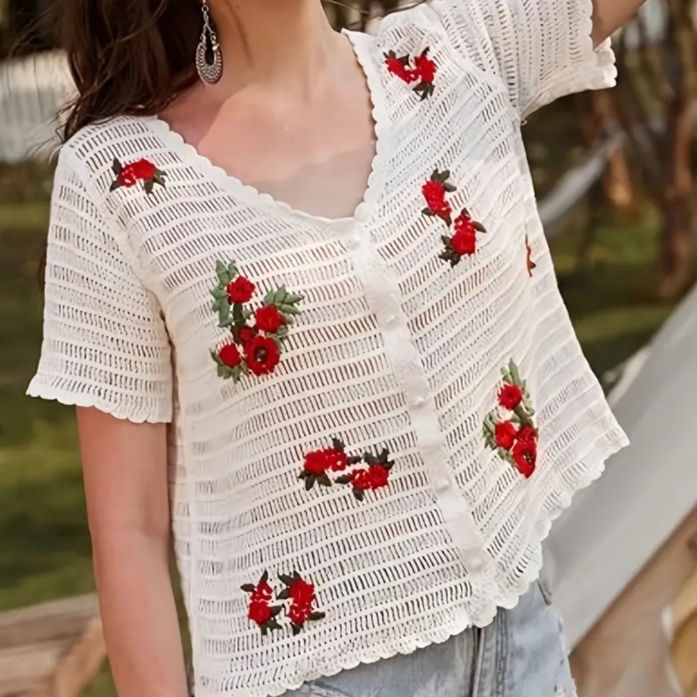 Bohemian Short Sleeve Knit Cardigan for Women - Casual Hollow Out